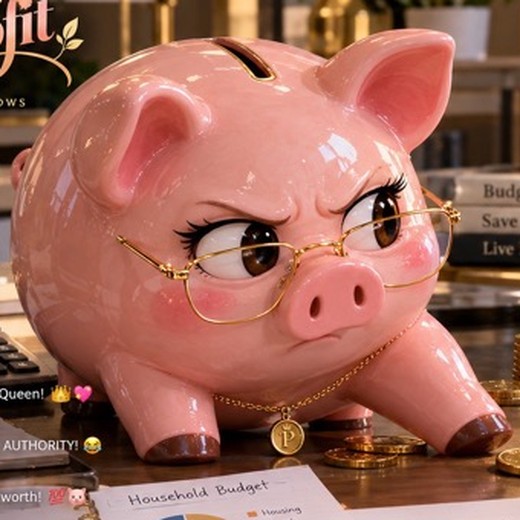 Penny Profit, a pink piggy bank in gold glasses